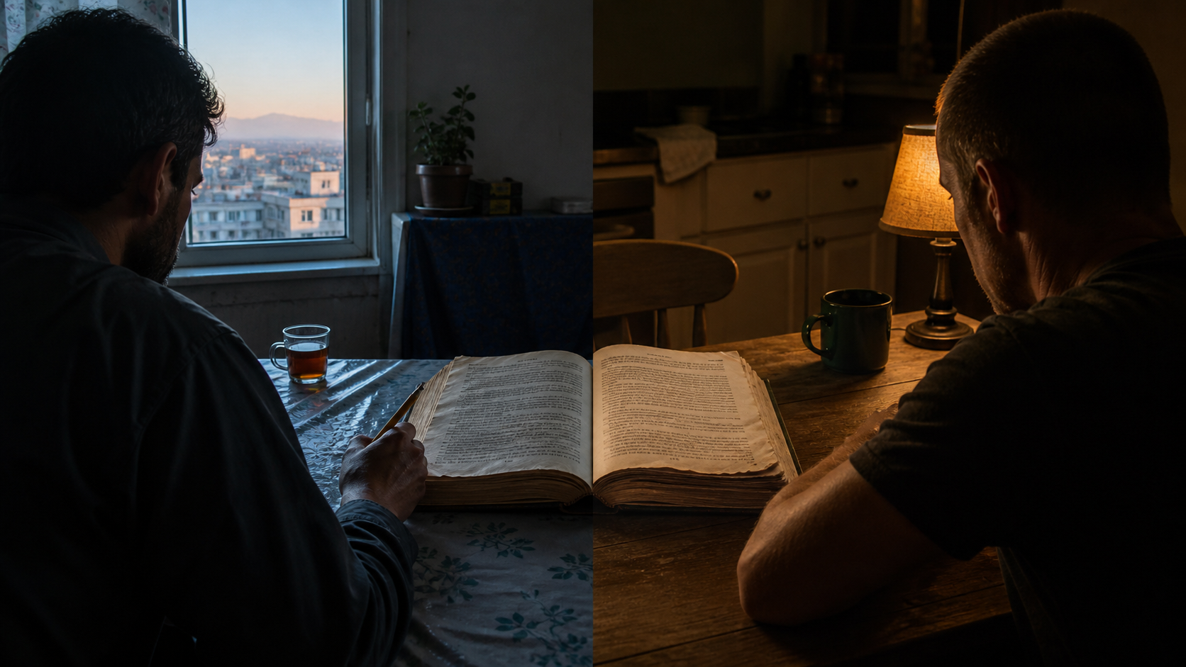 Two men reading at separate tables, divided between cool daylight and warm lamplight